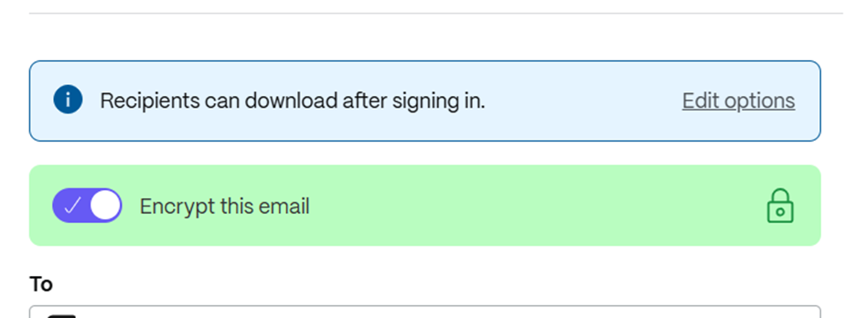 Recipients can download after signing in. Encrypt this email toggled on.
