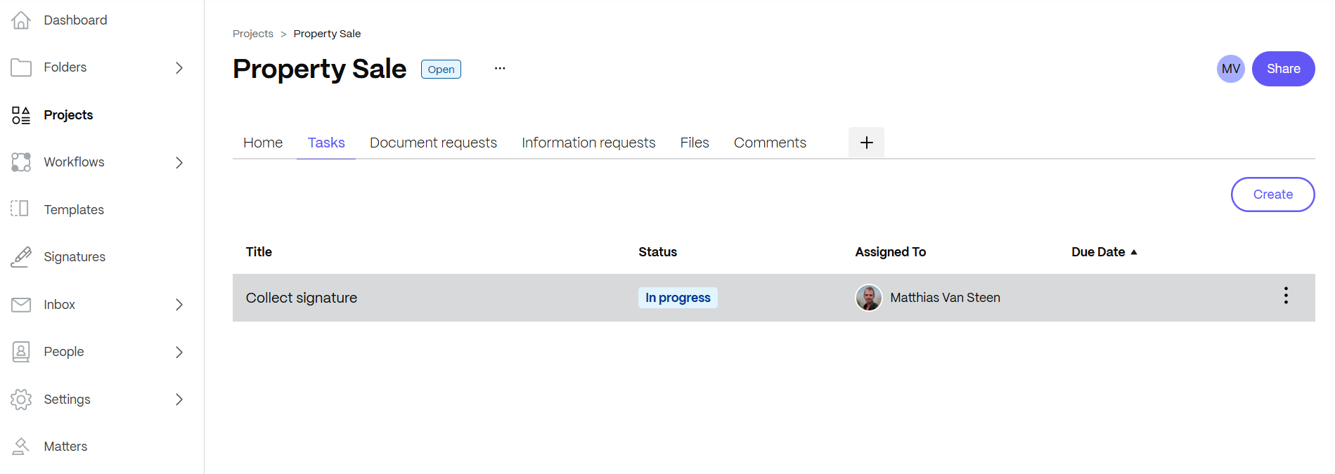 Projects – Property Sale – task for collect signatures, status in progress, assigned to, due date