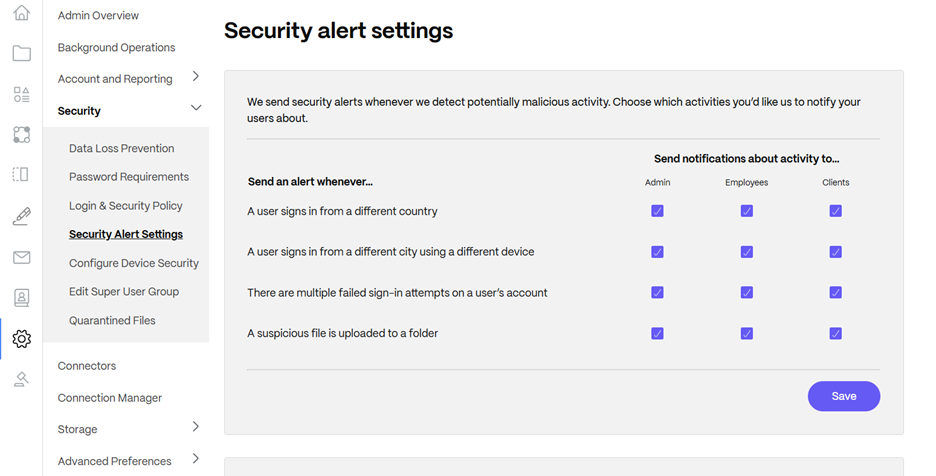 Security alert settings with checkboxes available for admin, employees and clients under each item to notify about, like “a user signs in from a different country”