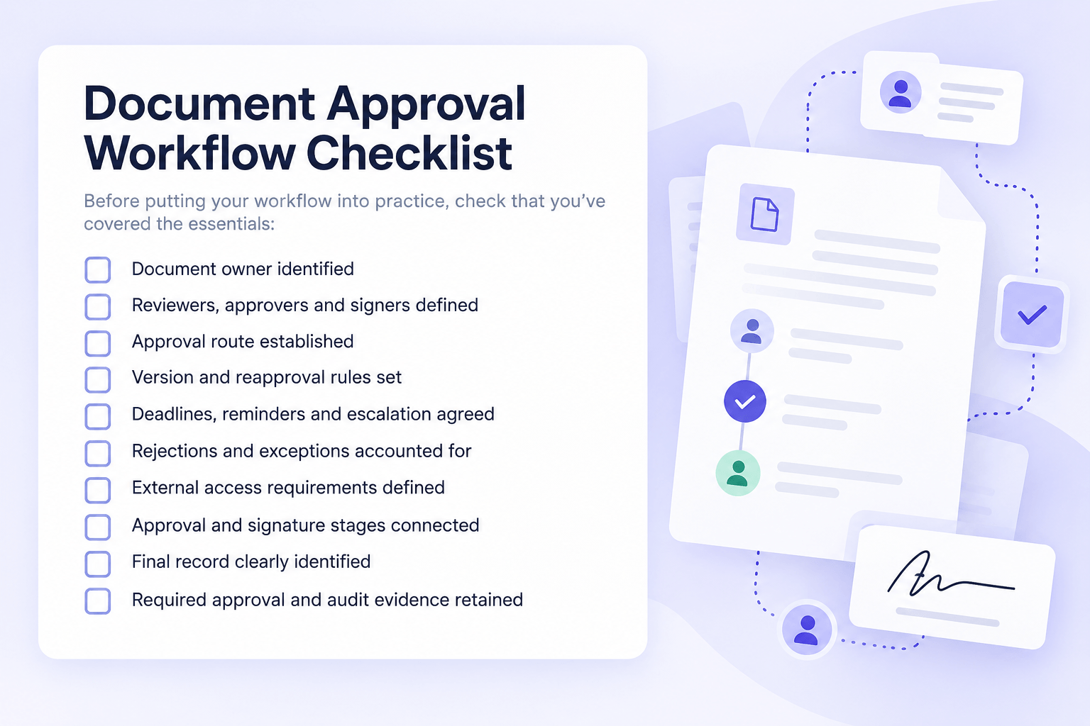 Document Approval Workflow Checklist Document owner identified. Reviewers, approvers and signers defined. Approval route established. Version and reapproval rules set. Deadlines, reminders and escalation agreed. Rejections and exceptions accounted for. External access requirements defined. Approval and signature stages connected. Final record clearly identified. Required approval and audit evidence retained.