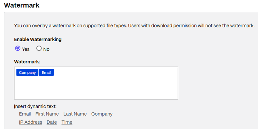 Watermark – enable toggle, insert fields