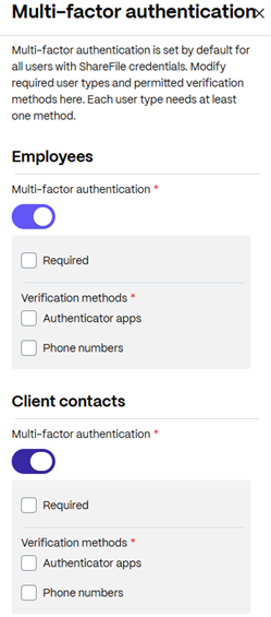 Multi-Factor Authentication settings for employees and clients, each with checkboxes for required, and methods to include authenticator apps or phone numbers
