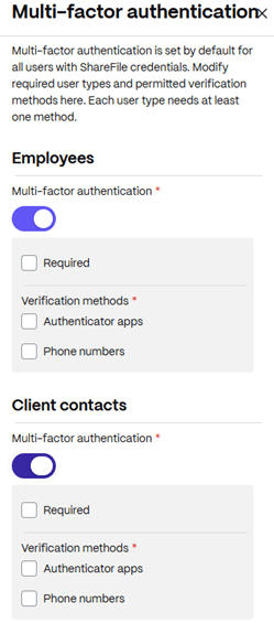 Multi-Factor Authentication settings for employees and clients, each with checkboxes for required, and methods to include authenticator apps or phone numbers