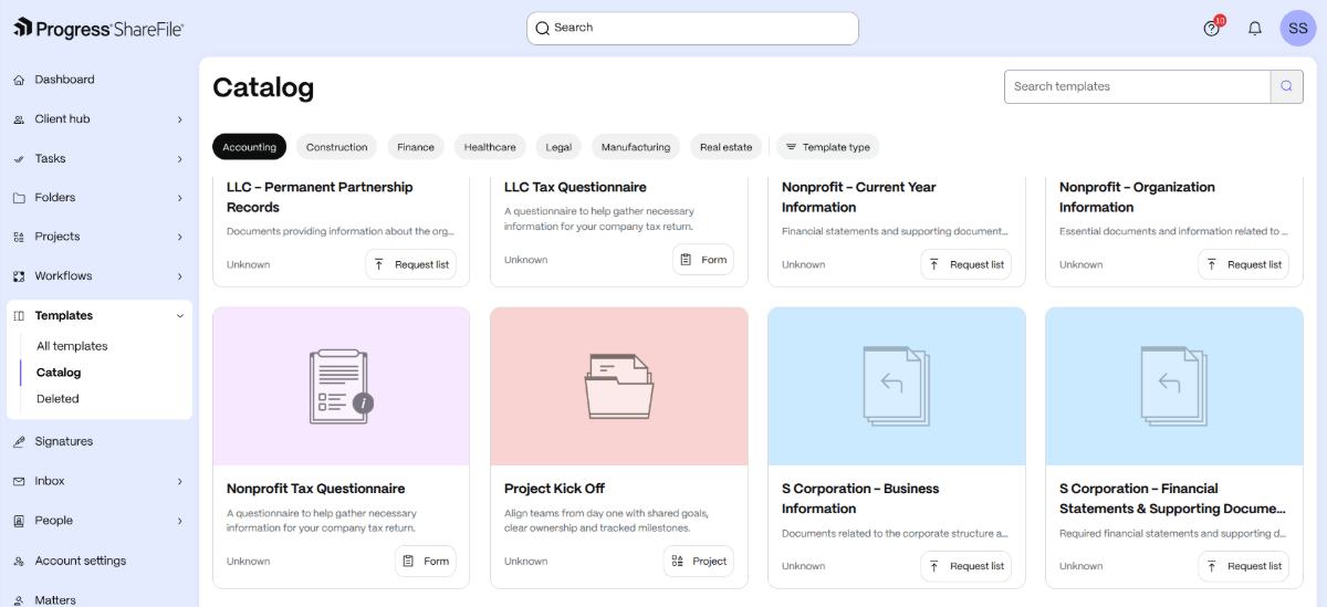 ShareFile template catalog In this screenshot, we see some of the Accounting-specific templates available in ShareFile. They include Nonprofit Tax Questionnaire, Project Kick Off, S Corporation - Business Information, and S Corporation - Financial Statements & Supporting Documents.