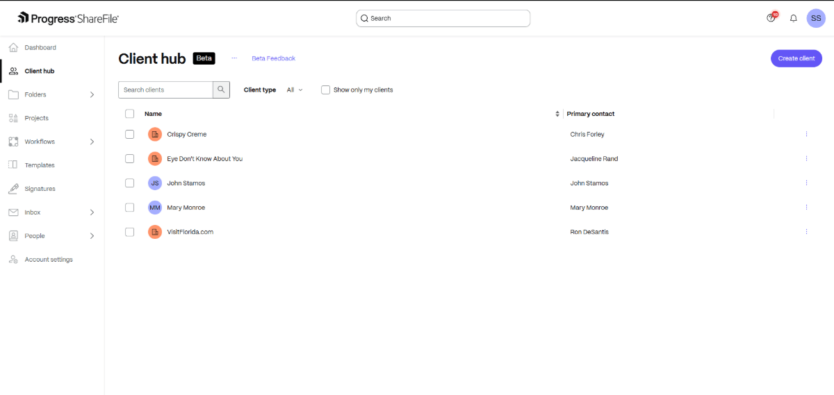 ShareFile Client hub Screenshot of the Client hub area of Progress ShareFile. There’s a list of five clients with their company name and primary contact name showing.