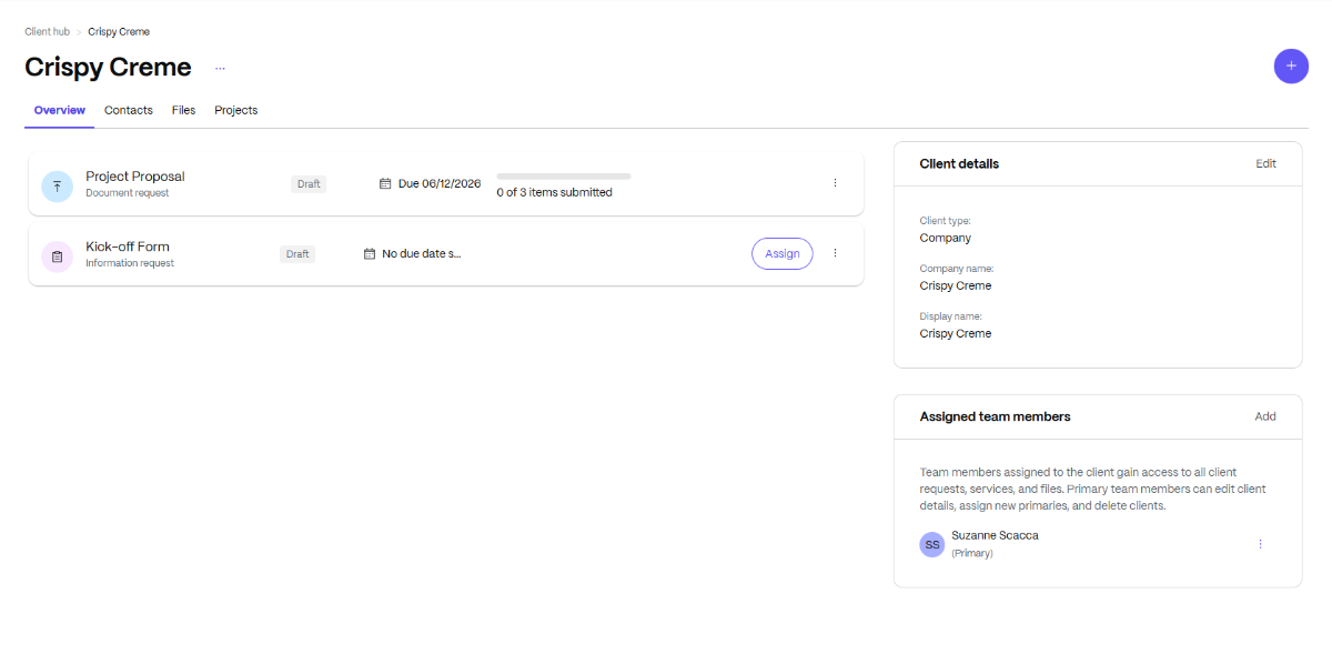 This is a sample client record in ShareFile. The client is called Crispy Creme. From this Overview page, we can see that there’s an active Project Proposal (with 0 of 3 items submitted) and a Kick-off Form. We can also see client details and the team members assigned to the client.