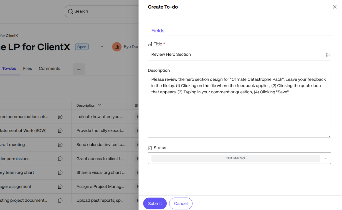 In ShareFile project folders, designers can create to-dos and assign them to internal team members as well as clients. In this example, the to-do title is “Review Hero Section” and the description explains the steps for leaving feedback inside the tool.