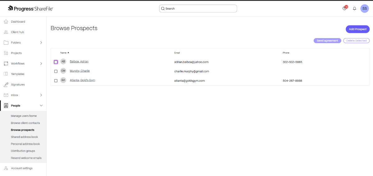 ShareFile Browse Prospects A screenshot of the Browse Prospects area of Progress ShareFile. Here we see three prospect names along with emai. addresses and phone numbers.