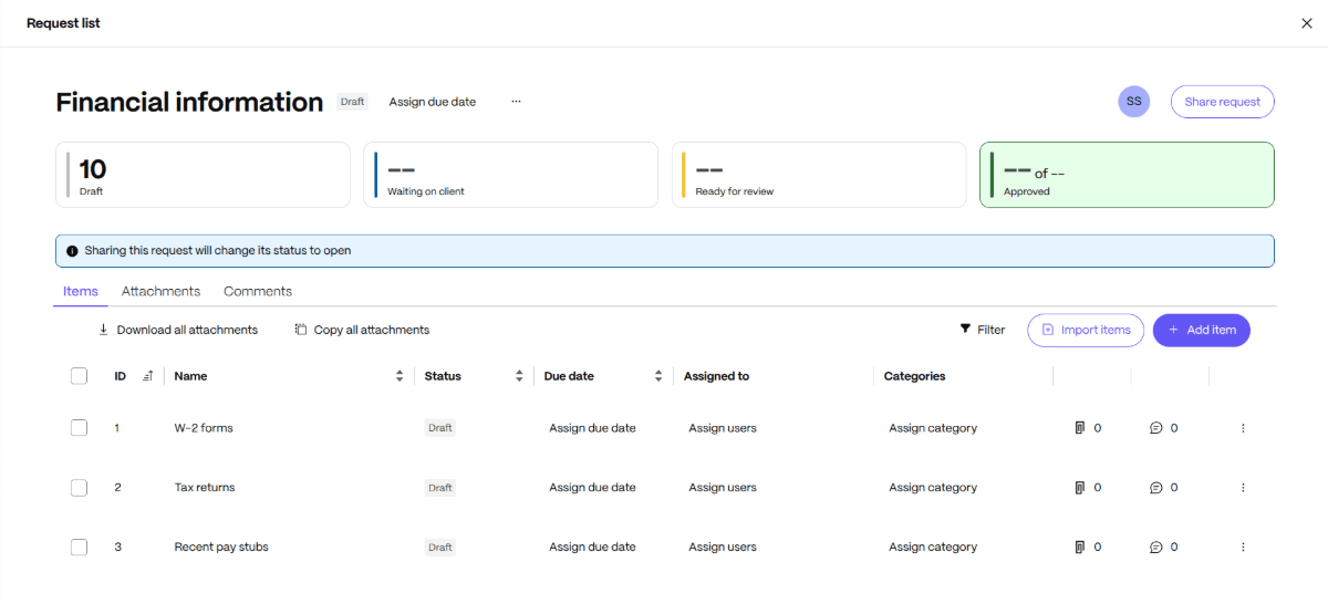 ShareFile Matters A screenshot of the “Matters” area of ShareFile. Here we see how the template auto-fills the Financial information area with relevant files like W-2 forms and tax returns. There are spaces to update the Status, Due date, Assigned to and Categories.