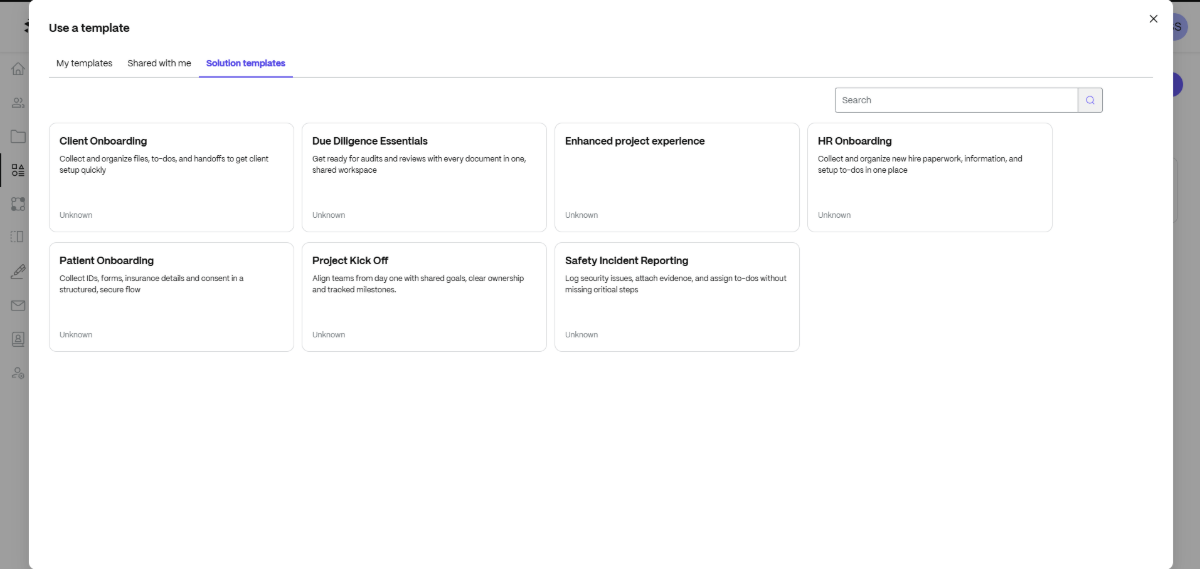 Inside of Progress ShareFile, users can create their own projects from scratch or use a Solution template for Client Onboarding, Due Diligence Essentials, Enhanced project experience, HR Onboarding, Patient Onboarding, Project Kick Off, or Safety Incident Reporting.