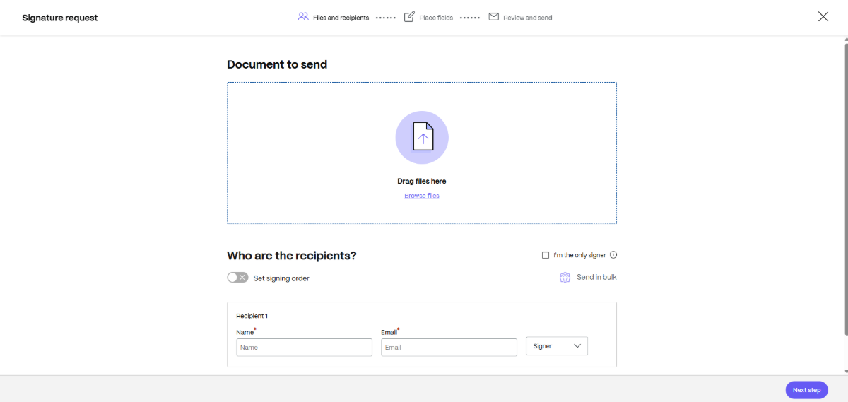 Web designers and developers can use ShareFile software to send documents to clients, like project proposals and change requests. On this screen, there’s a box to drag or upload files to, and an area to add recipients that need to sign the document.
