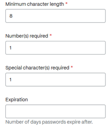sign-in password settings: minimum character length, number required, special characters required, expiration