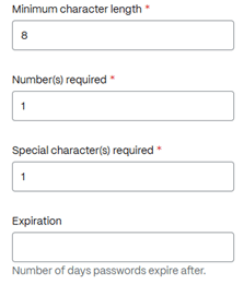 sign-in password settings: minimum character length, number required, special characters required, expiration