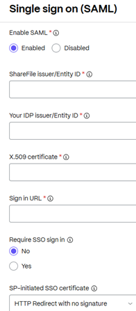 Single Sign-On SAML settings: enable/disable, ShareFile issuer id, IDP id, certificates, sign-in URL, requires SSO