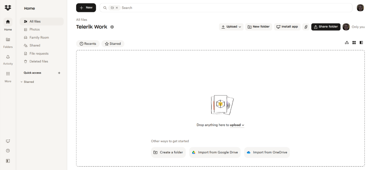 A new folder in the Dropbox app called “Telerik Work”. To the left is a sidebar with links to All files, Photos, Family Room, Starred, File requests and Deleted files.