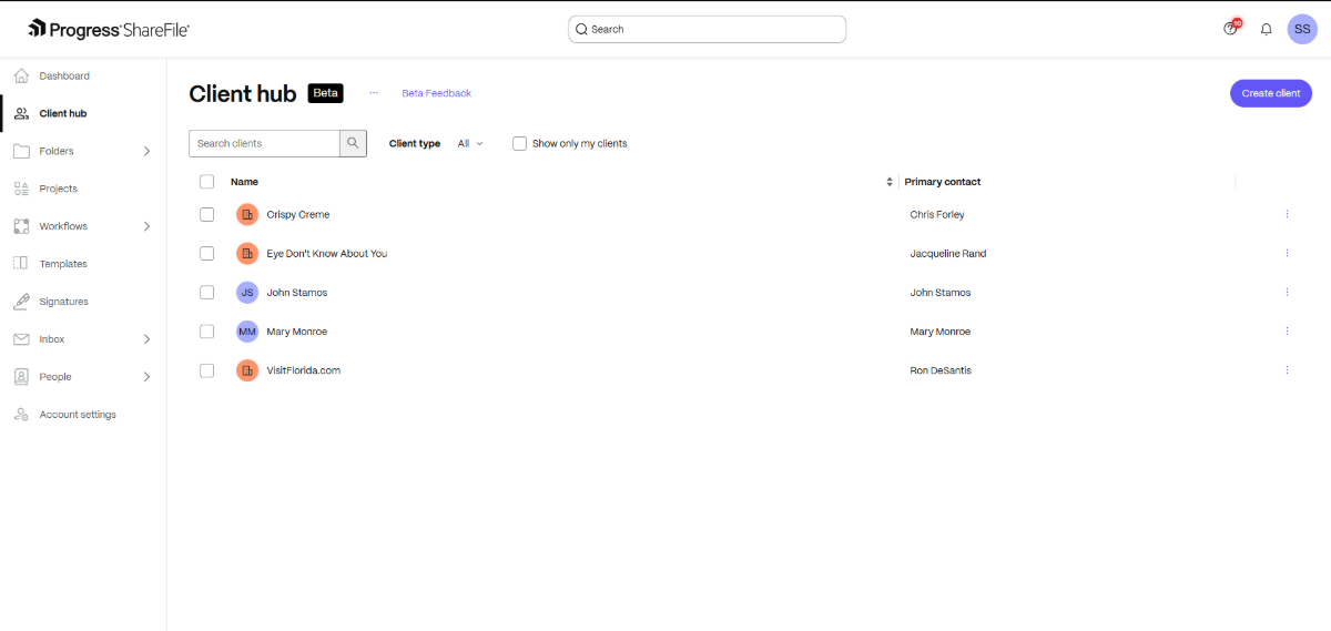 ShareFile Client hub Screenshot of the Client hub area of Progress ShareFile. There’s a list of five clients with their company name and primary contact name showing.