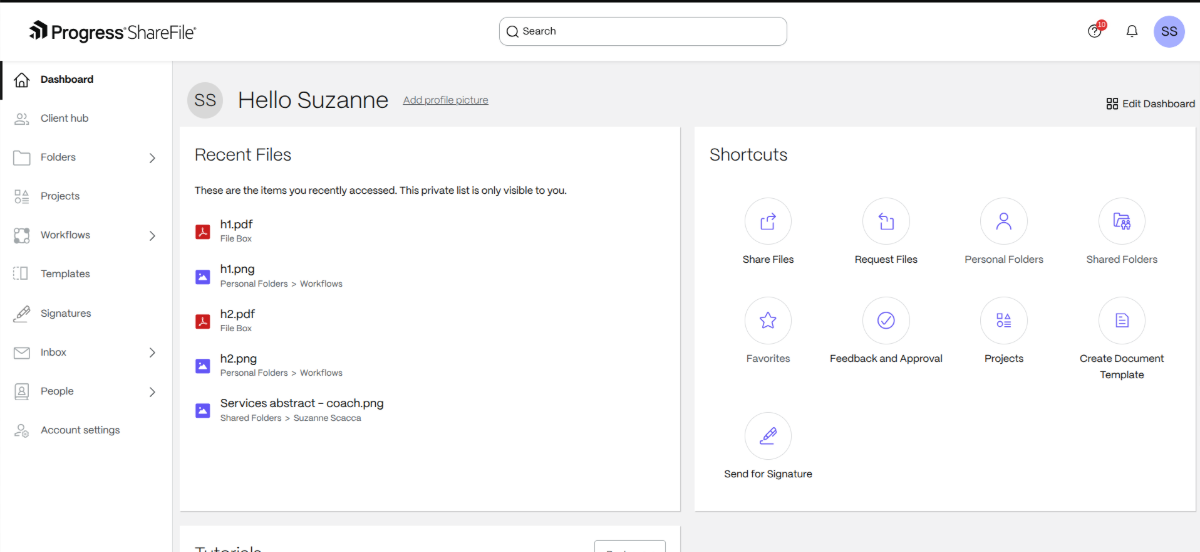 A sample dashboard inside ShareFile. At the top it says “Hello Suzanne”. Below it are areas where the user sees Recent Files as well as Shortcuts to features like Share Files, Request Files, Personal Folders, and more. Along the left is a sidebar with links to Dashboard, Client hub, Folders, Projects, Workflows, Templates, Signatures, Inbox, People and Account settings.