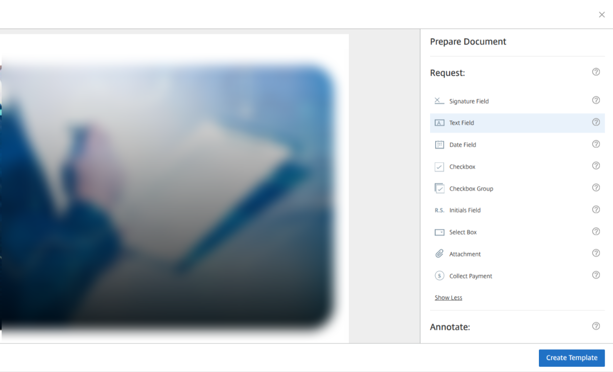 In ShareFile software, you can make your patient files editable. On the left side of the screen, you can see the document. As you scroll down, you can add fields to request things like signature, text input, initials and even payment info. Configuration options and available features may vary based on account settings and customer requirements.