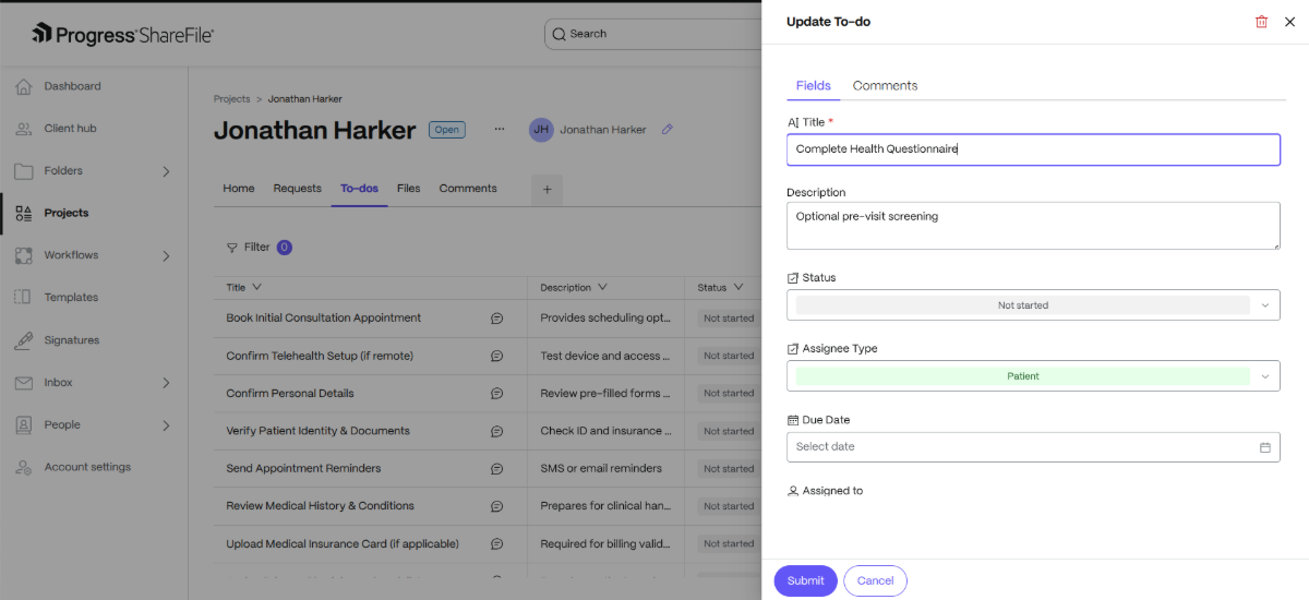 In ShareFile, patient administrators can add patient tasks and requests like this one: “Complete Health Questionnaire”. They can add descriptions, change the status, add a due date and assign it to someone. Configuration options and available features may vary based on account settings and customer requirements.