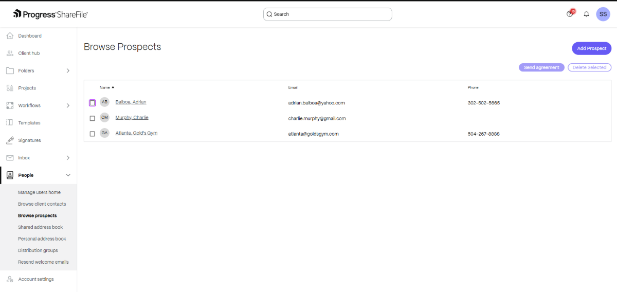 ShareFile Browse Prospects A screenshot of the Browse Prospects area of Progress ShareFile. Here we see three prospect names along with emai. addresses and phone numbers.