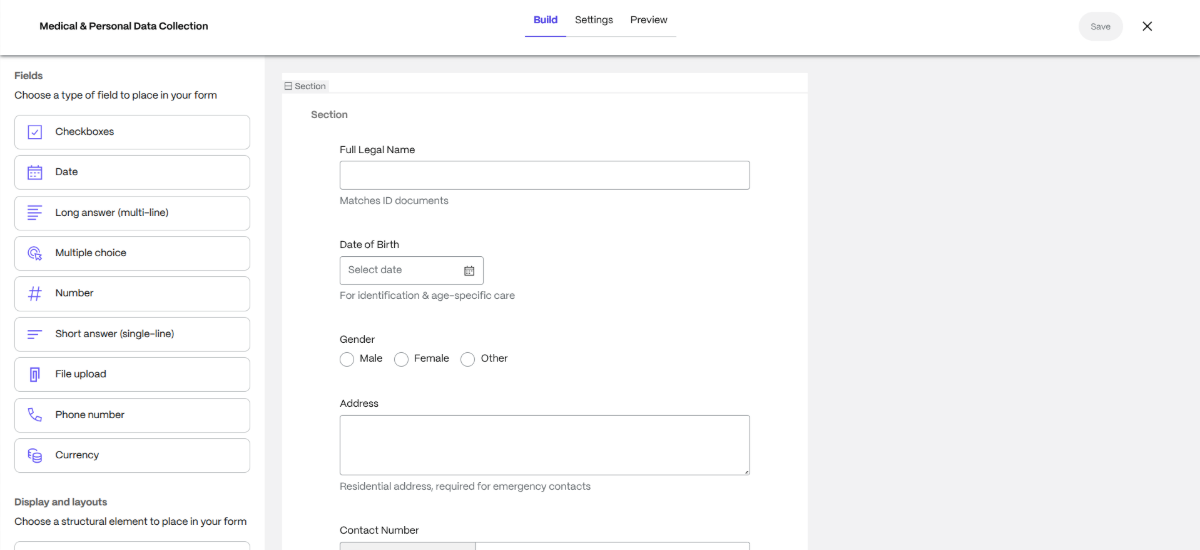 ShareFile has a premade Medical & Personal Data Collection form. It’s fully editable, so administrators can add or remove fields. They can use field types like Checkboxes, Date, Long answer multi-line, Multiple choice, Number, Short answer single-line, File upload, Phone number and Currency. Configuration options and available features may vary based on account settings and customer requirements.