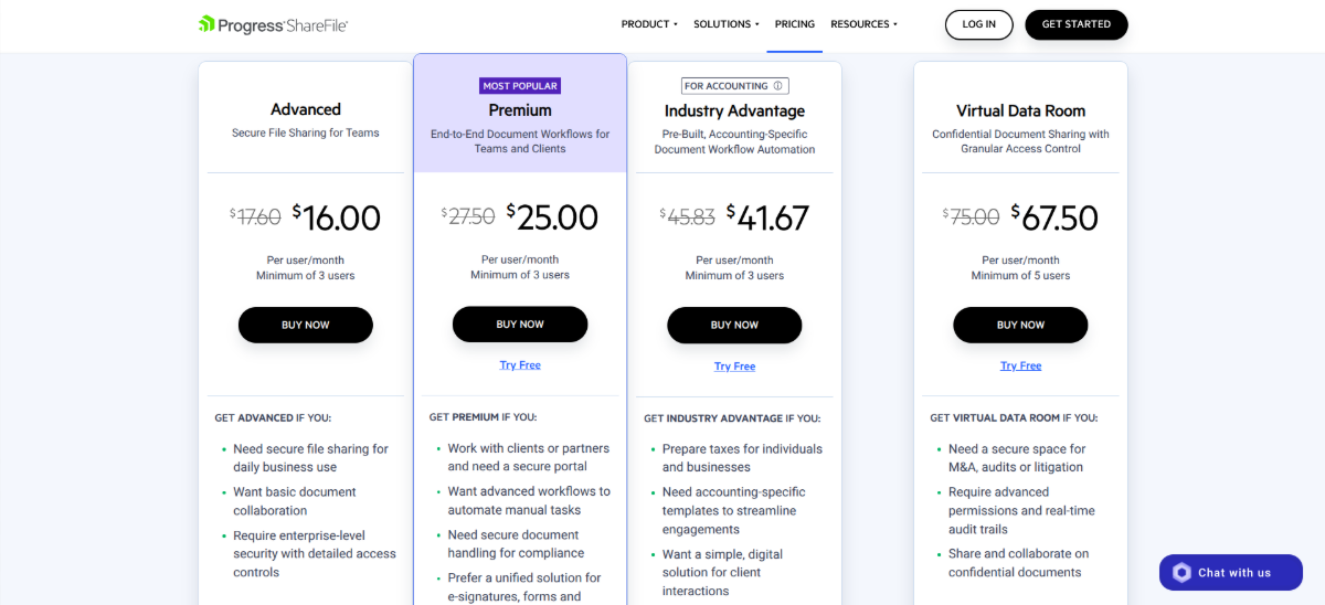There are four plans available for ShareFile users. Advanced is secure file sharing for teams. Premium is end-to-end document workflows for teams and clients. Industry Advantage is prebuilt, accounting-specific workflow automation. And Virtual Data Room is confidential document sharing with granular access control.