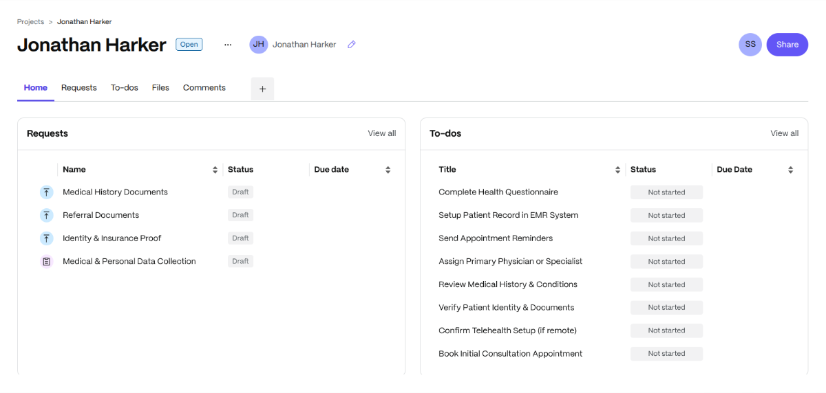 An example ShareFile project folder for a patient named “Jonathan Harker”. Here we see the Patient Onboarding template has been auto-filled. There are 4 requests (like for Medical History Documents) as well as To-dos (like Complete Health Questionnaire). Configuration options and available features may vary based on account settings and customer requirements.
