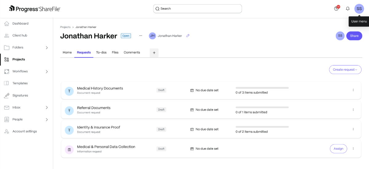 In the ShareFile project section, there’s a tab called Requests. There are four areas where the requests/files will be stored: Medical History Documents (with 3 items), Referral Documents (with 1 item), Identity & Insurance Proof (with 2 items), and Medical & Personal Data Collection. Configuration options and available features may vary based on account settings and customer requirements.