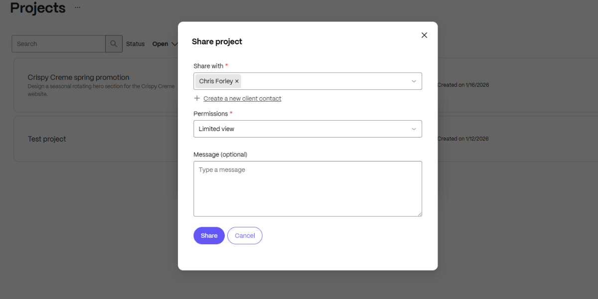 ShareFile Share project A pop-up called Share project gives ShareFile users the ability to share project folders with certain clients and team members. In this example, the project is being shared with Chris Forley with Limited view permissions and no message.